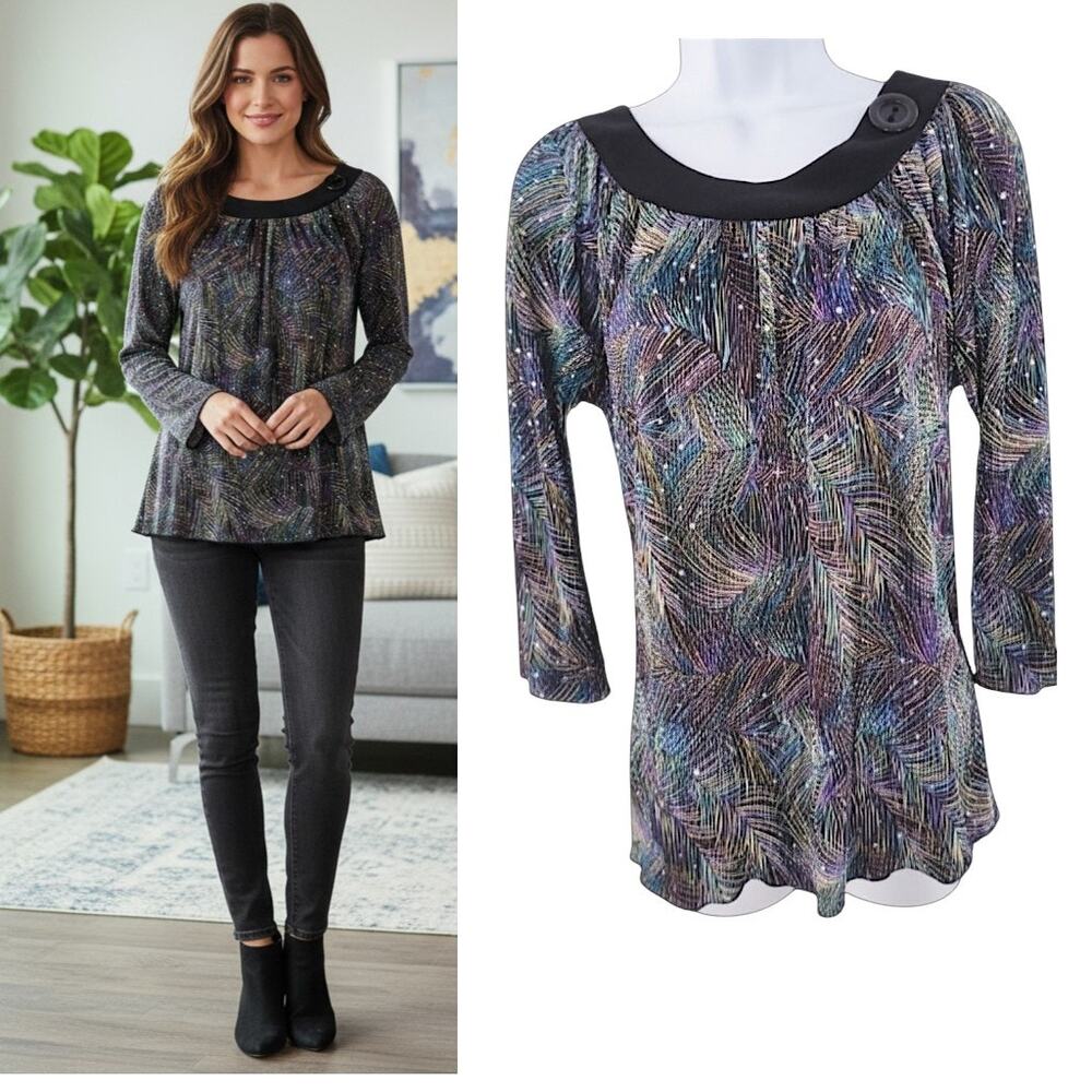 Brittany Black Y2K Multicolor Rhinestone Stretchy Knit Top Scoop Neck M